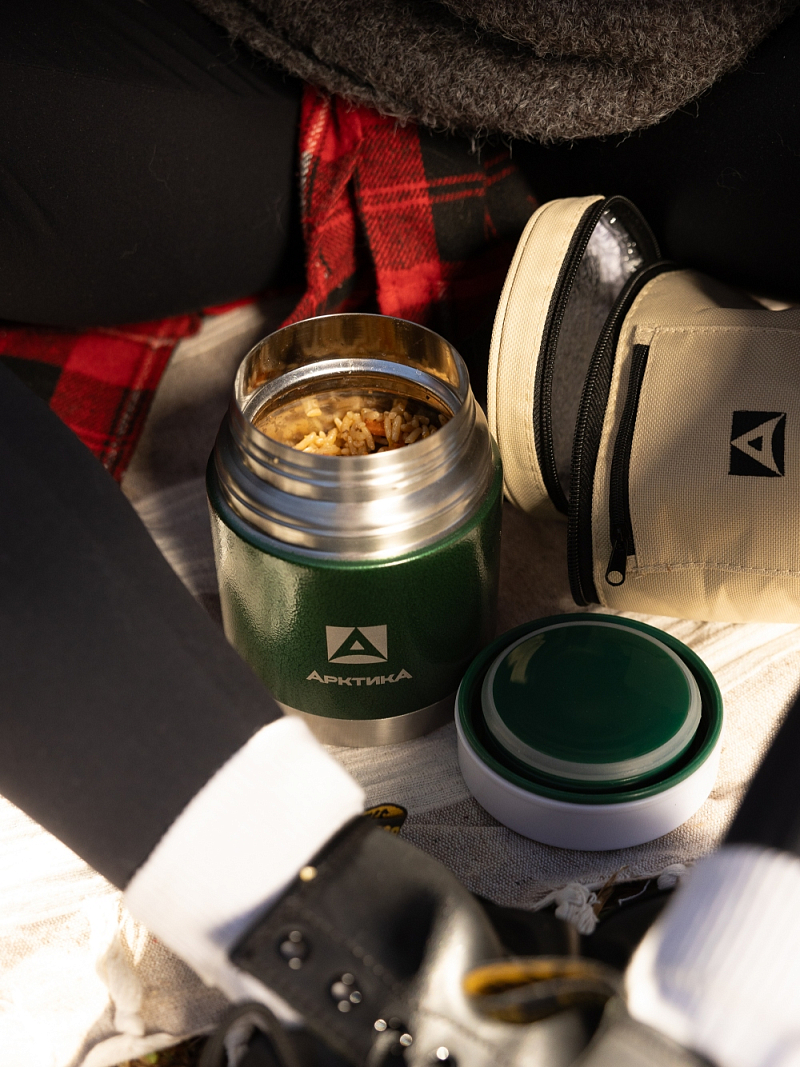 Зеленый термос 306 с чехлом и складной ложкой на 0.6л - 4