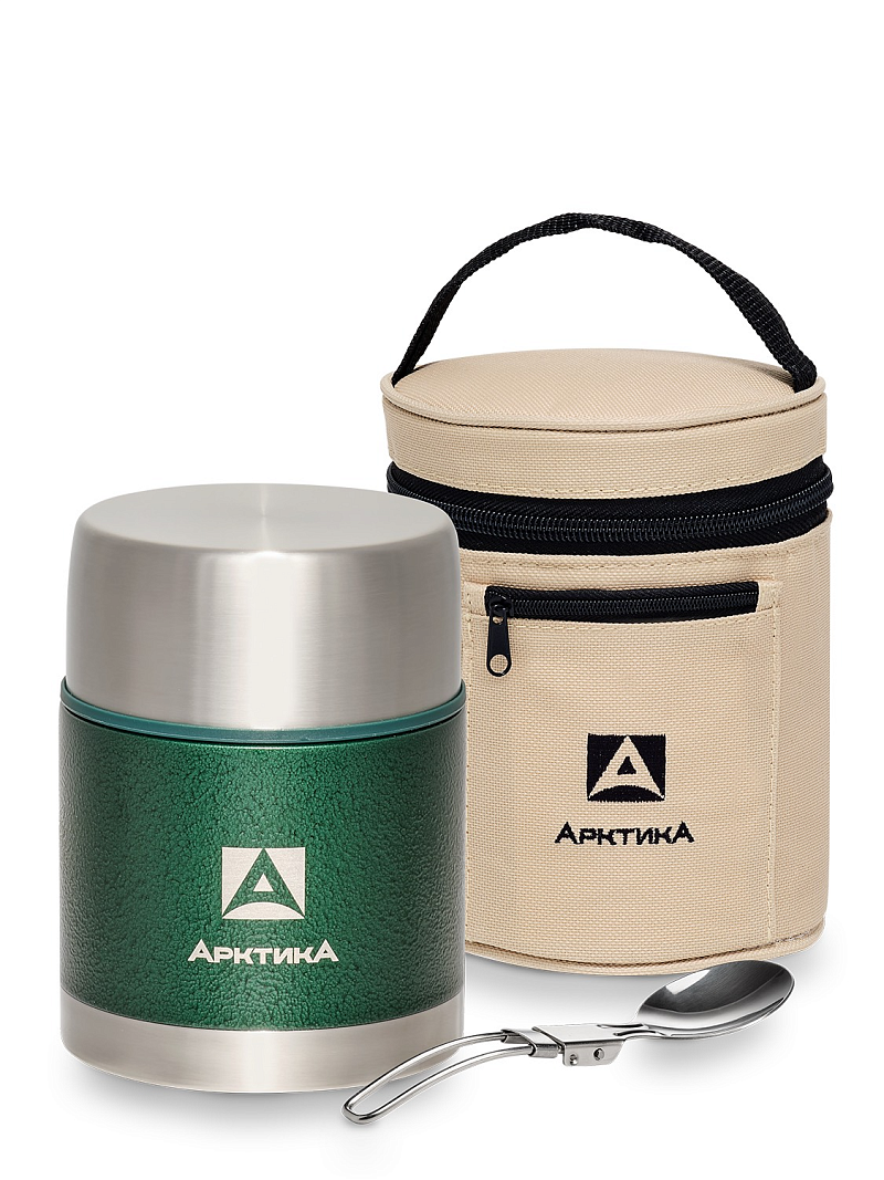 Зеленый термос с чехлом и складной ложкой на 0.6 (уценка) - 1