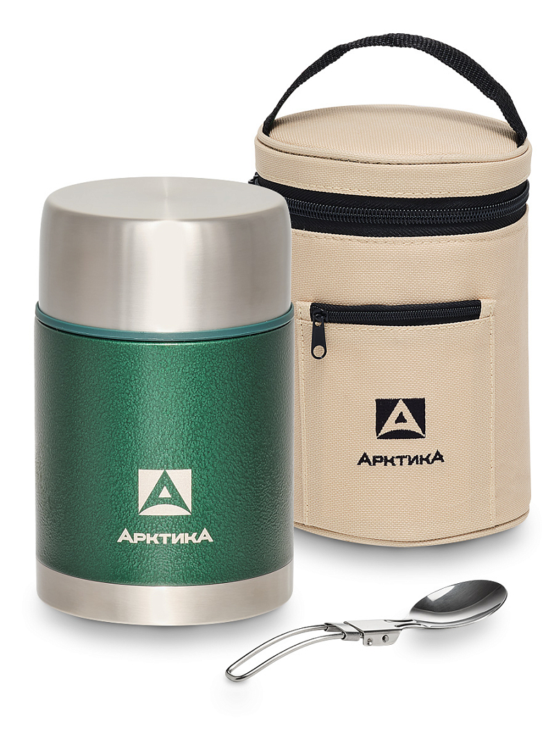 Зеленый термос 306 с чехлом и складной ложкой на 0.8л - 1