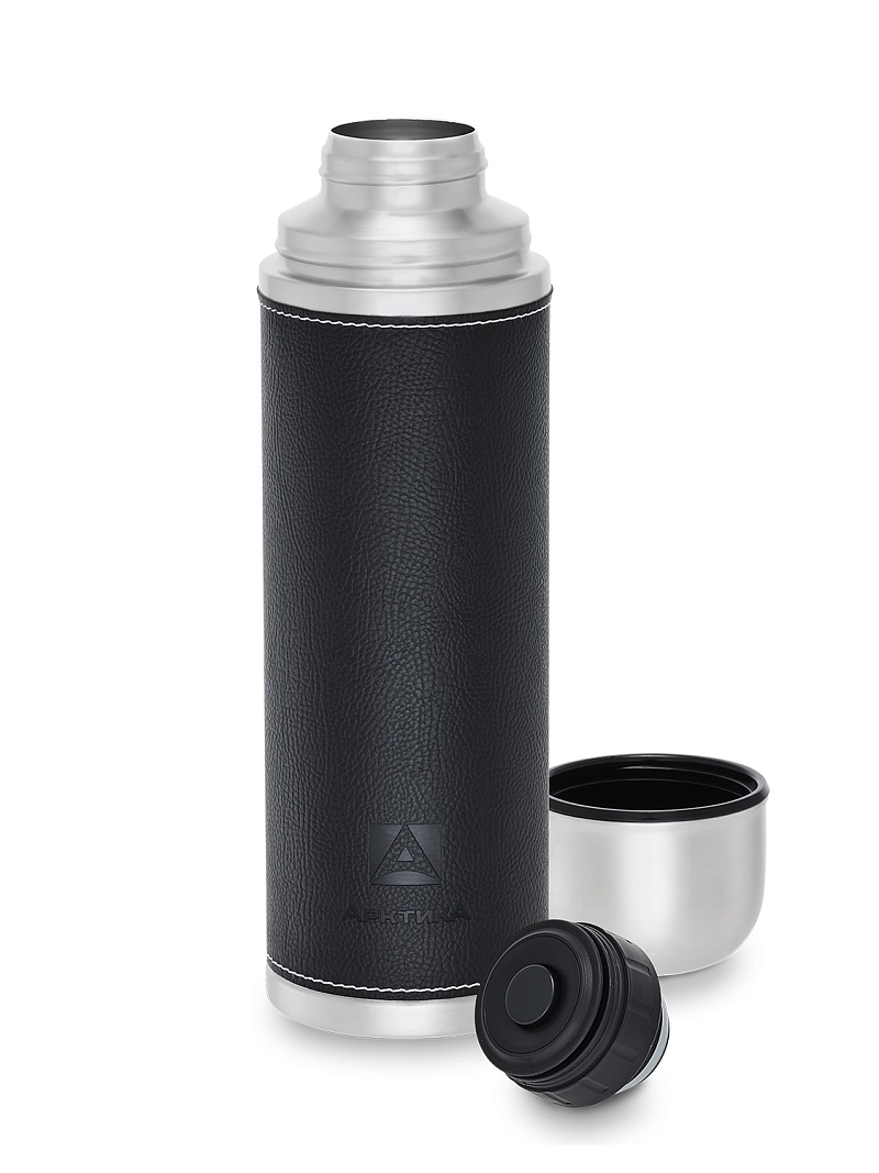 Черный термос с оплёткой из экокожи на 1л (уценка) - 1 Черный термос с оплёткой из экокожи на 1л (уценка) - 1