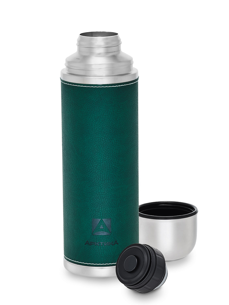 Термос 108 с зеленой оплёткой из экокожи на 1л - 3