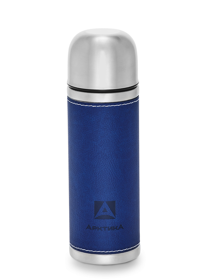 Термос 108 с синей оплёткой из экокожи на 0.5л - 1