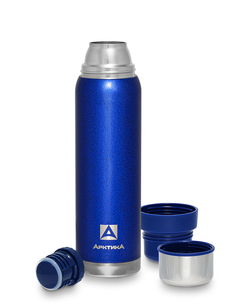 Термос серии 106 на 0.9л синий с узким горлом и молотковой эмалью - 2