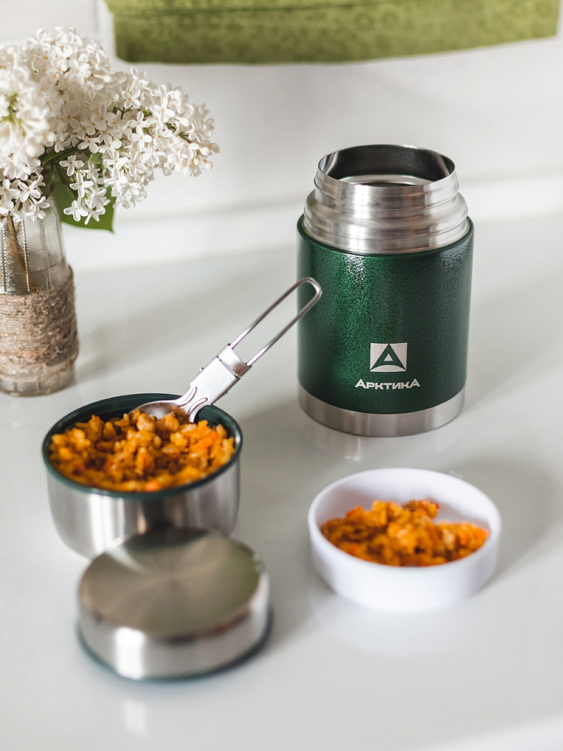 Зеленый термос 306 с чехлом и складной ложкой на 0.8л - 4