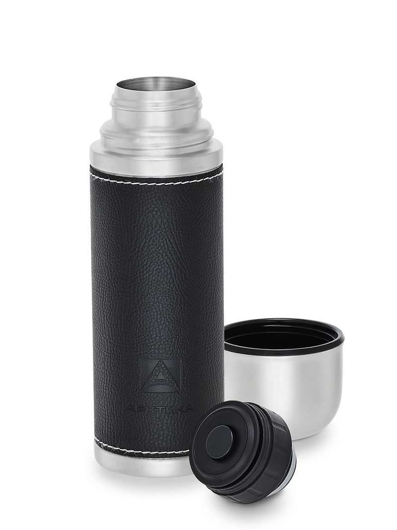 Черный термос с оплёткой из экокожи на 0.5л (уценка) - 3