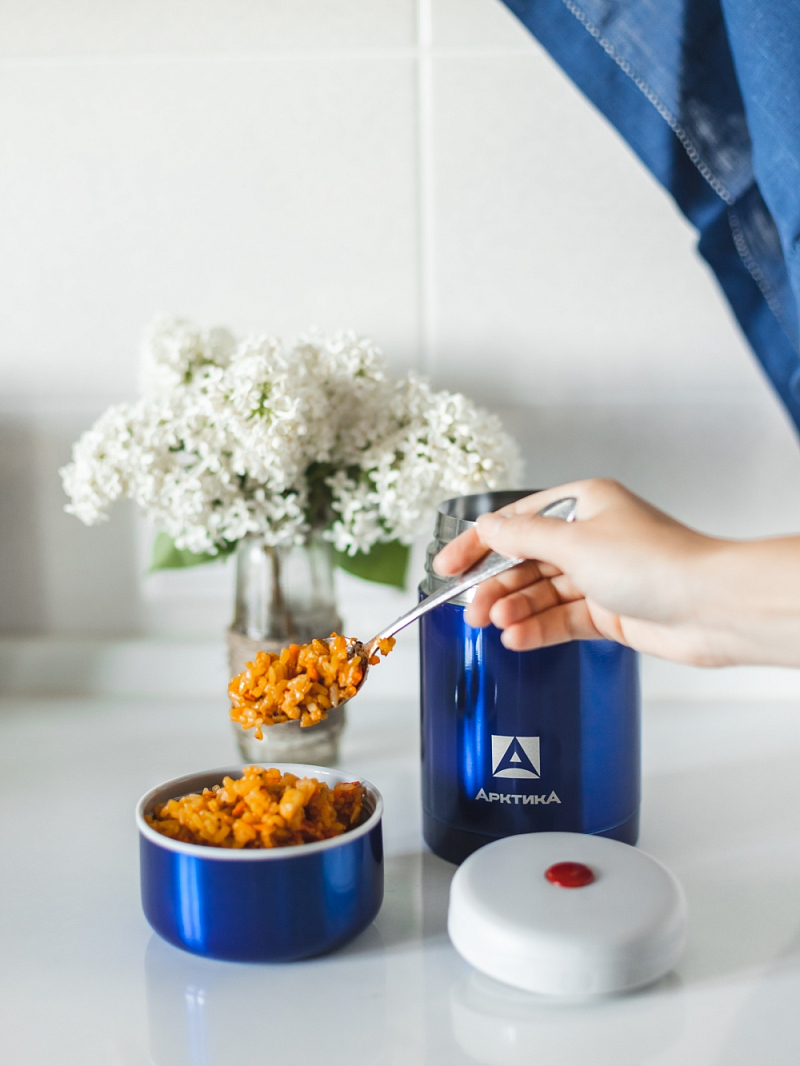 синий термос 302 с широким горлом на 0.75л - 4