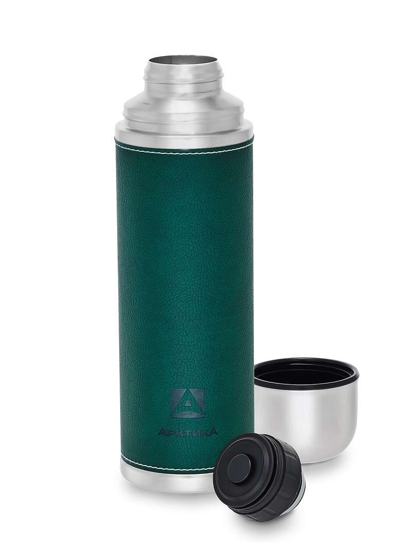 Зеленый термос с оплёткой из экокожи на 1л (уценка) - 1