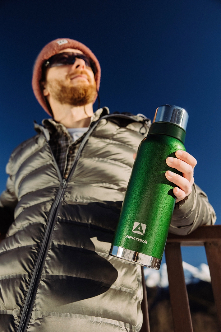 Термос серии 106 на 1.2л зелёный с узким горлом и молотковой эмалью - 4