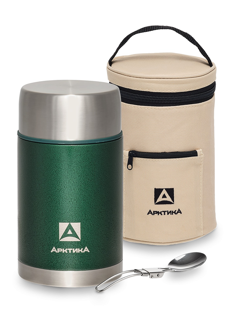 Зеленый термос с чехлом и складной ложкой на 1л (уценка) - 1