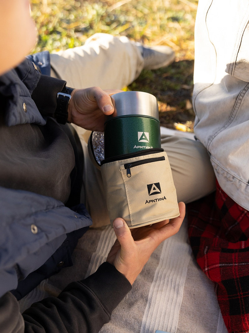 Зеленый термос 306 с чехлом и складной ложкой на 0.6л - 6