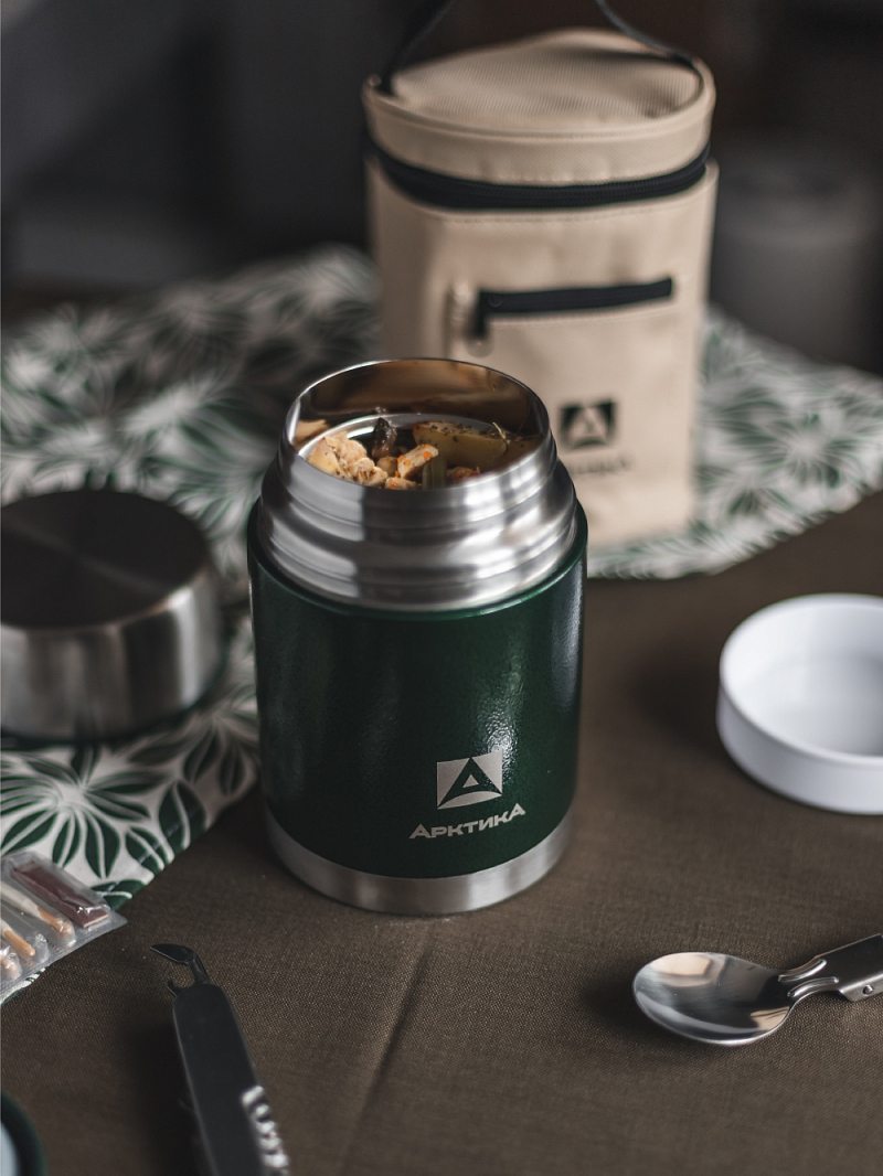 Зеленый термос 306 с чехлом и складной ложкой на 0.8л - 6