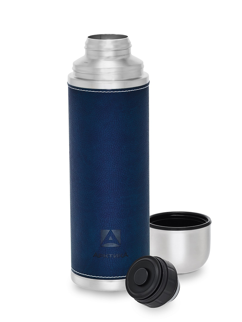Термос 108 с синей оплёткой из экокожи на 1л - 3 Термос 108 с синей оплёткой из экокожи на 1л - 3