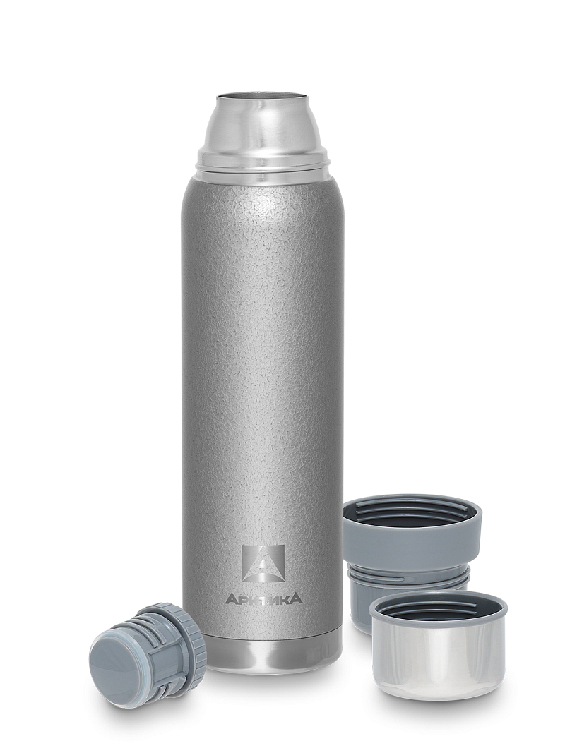 Термос серии 106 на 1.2л серебряный с узким горлом и молотковой эмалью - 3