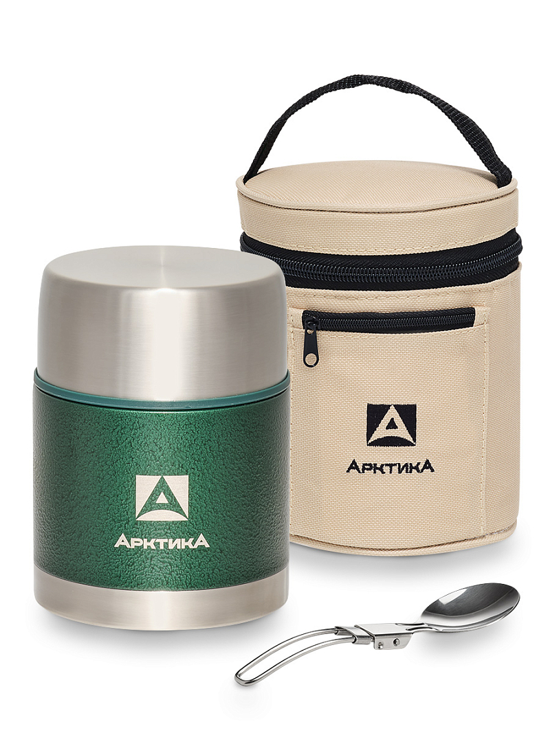 Зеленый термос 306 с чехлом и складной ложкой на 0.6л - 1