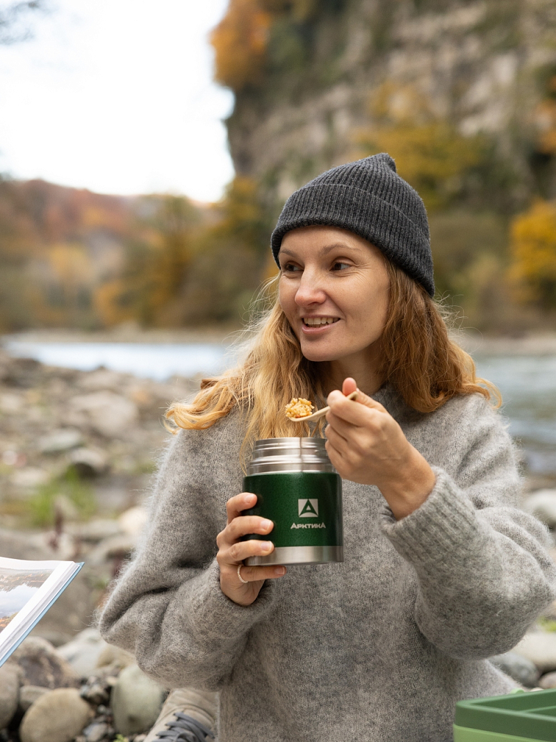 Зеленый термос 306 с чехлом и складной ложкой на 0.6л - 2