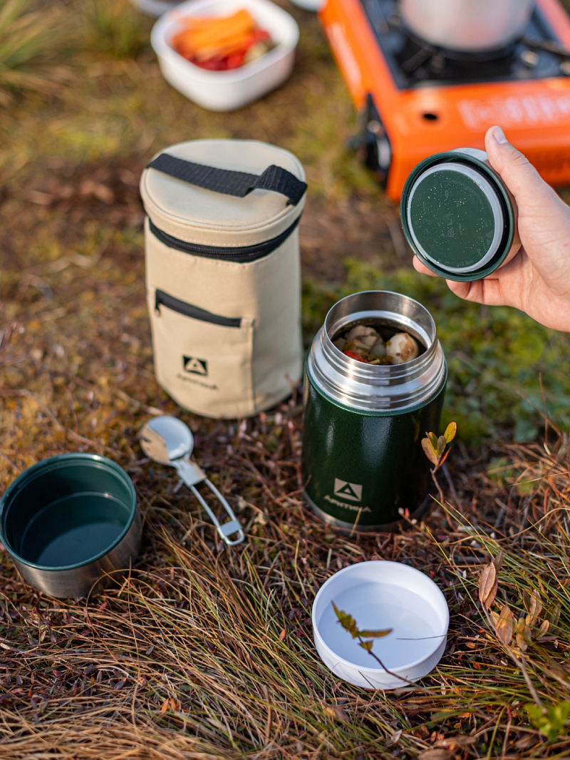 Зеленый термос 306 с чехлом и складной ложкой на 1л - 4