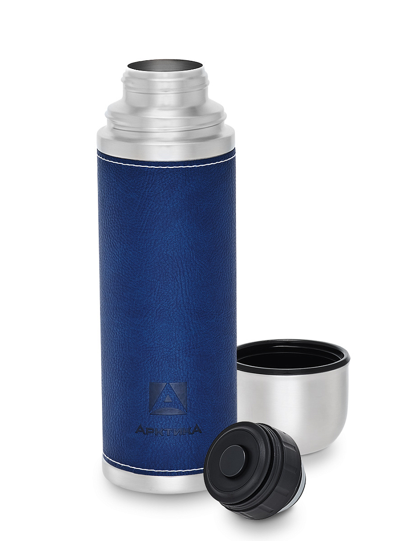 Термос серии 108 на 0.7л с синей оплёткой из экокожи - 2