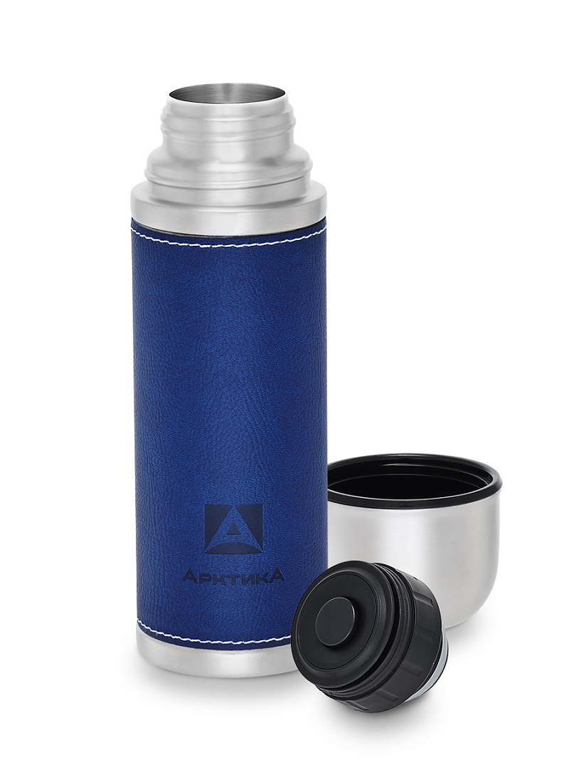 Синий термос с оплёткой из экокожи на 0.5л (уценка) - 3
