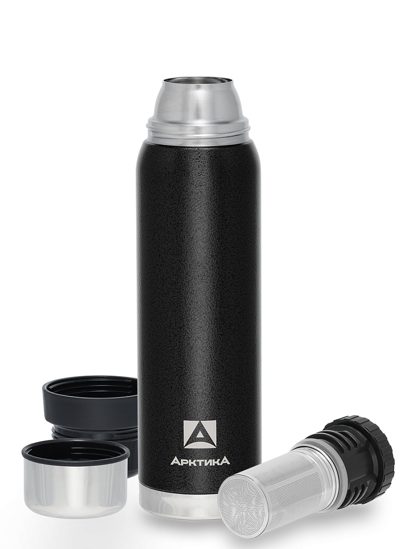 Термос серии 106 на 0.9л чёрный с ситечком и молотковой эмалью - 3